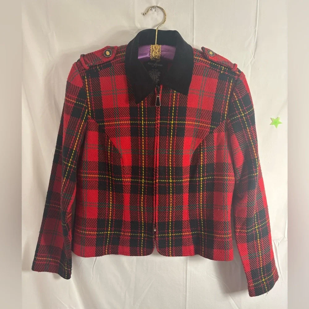 VTG Red+Black Plaid Bomber Jacket Faux‎ Suede Collar Gold+Black Epaulet Size S/M